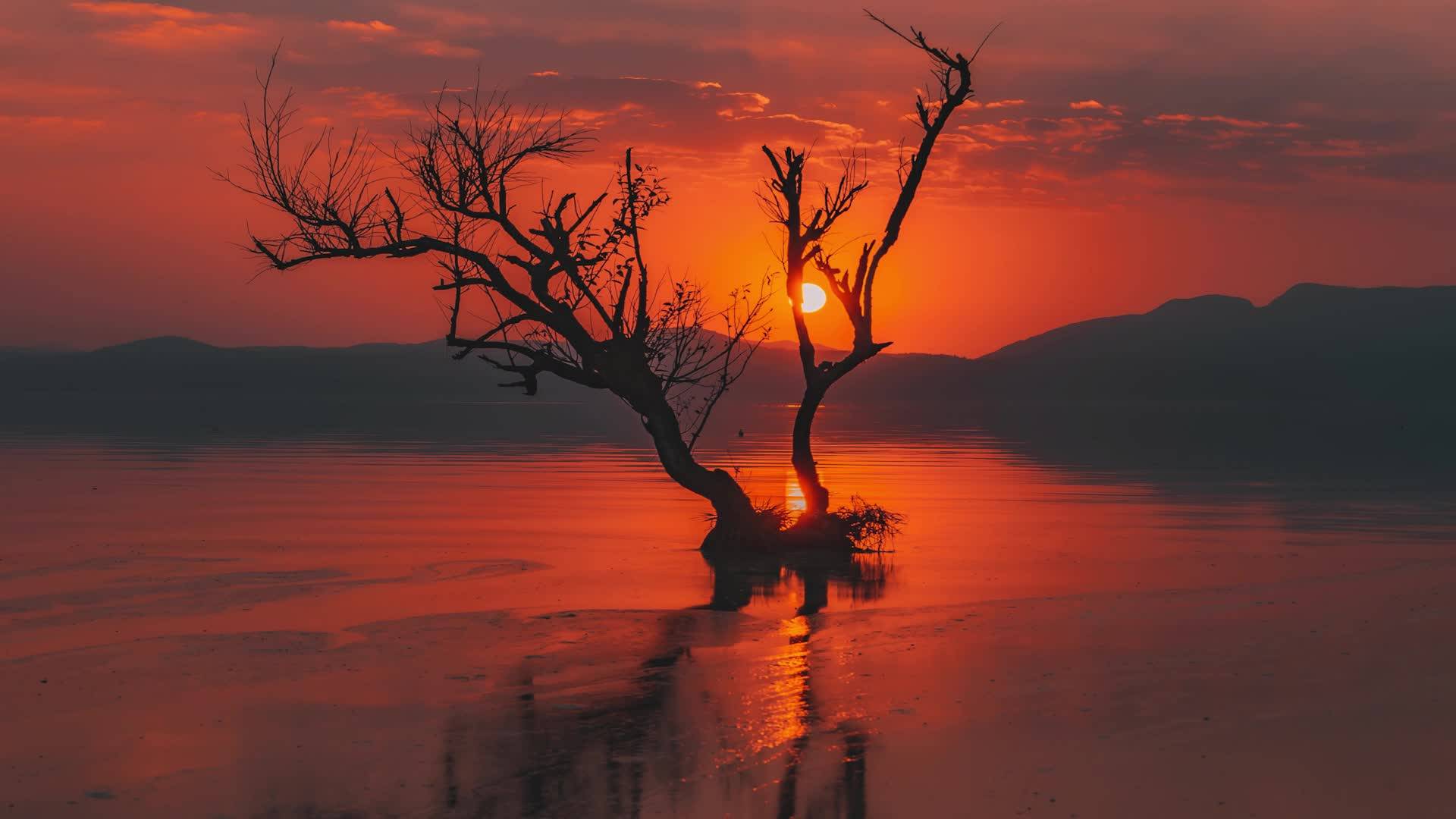 残血夕阳照耀在湖中的枯树意境视频素材